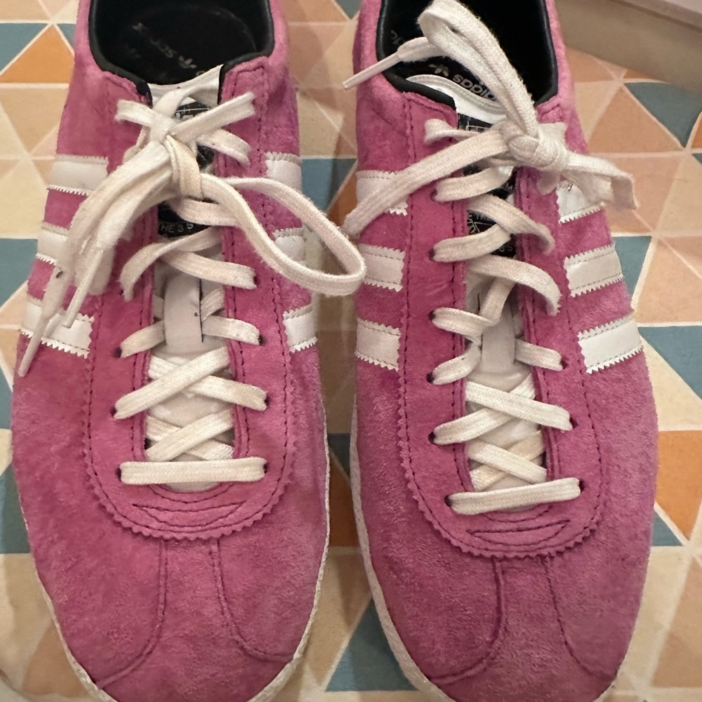 Adidas Women's Pink Suede Sneakers with White Stripes